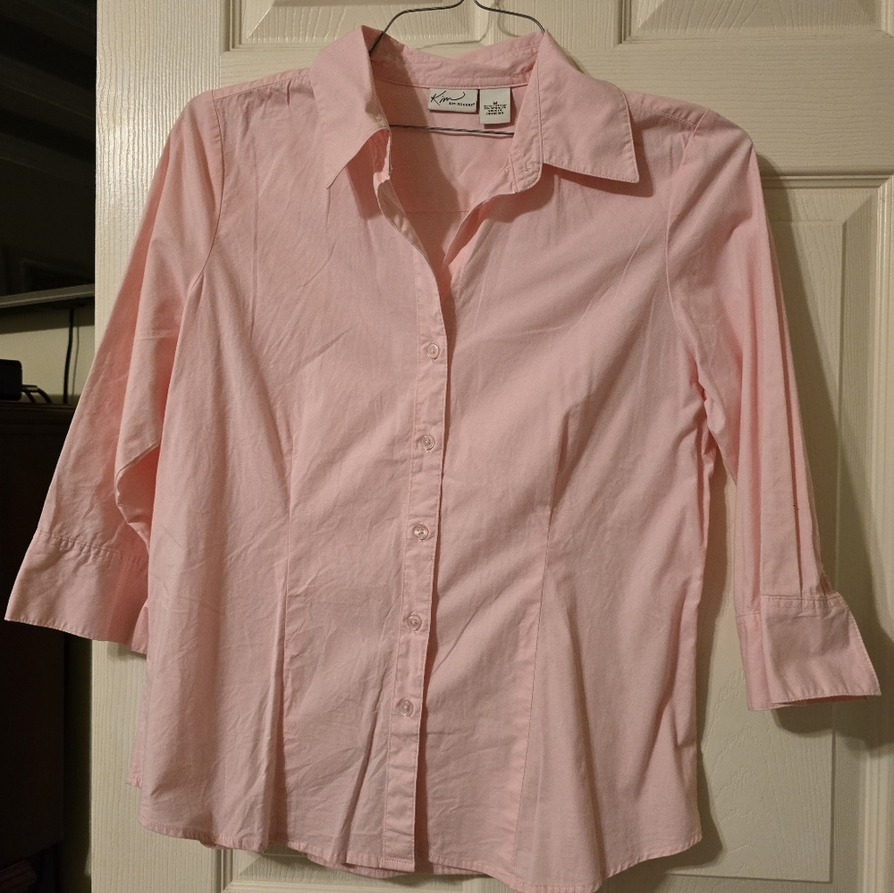 Kim Rogers Pink button down 3/4 sleeve blouse Top shirt size